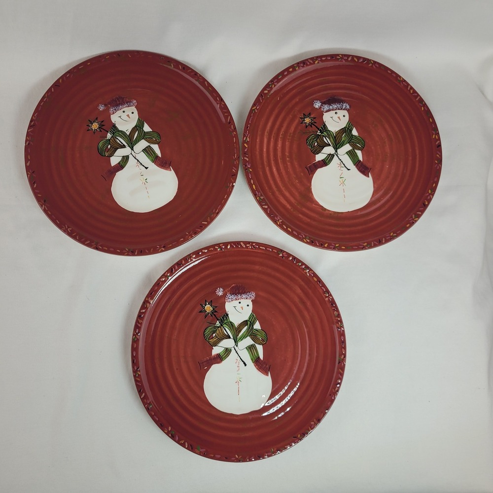 Tracy Porter Jingle Bell Let It Snow Snowman Salad Plates Set of 3 Ceramic 8"